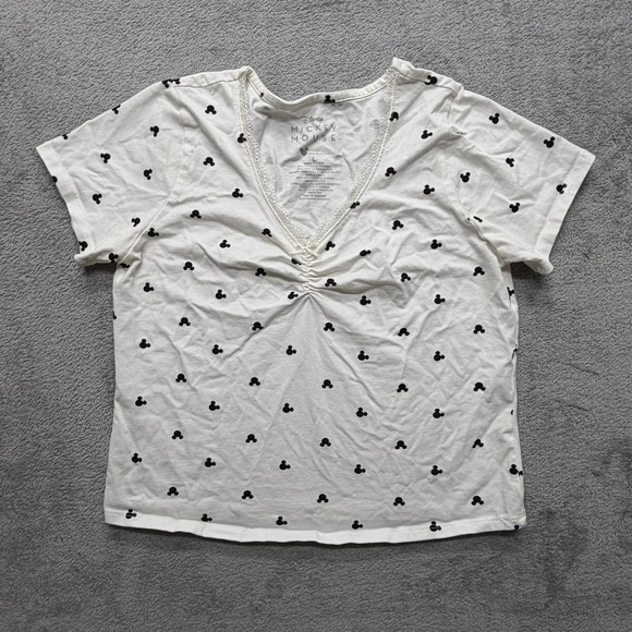 Disney Tops - Disney Mickey Mouse Shirt Womens Large White Black V Neck Ruched Lace Trim Print